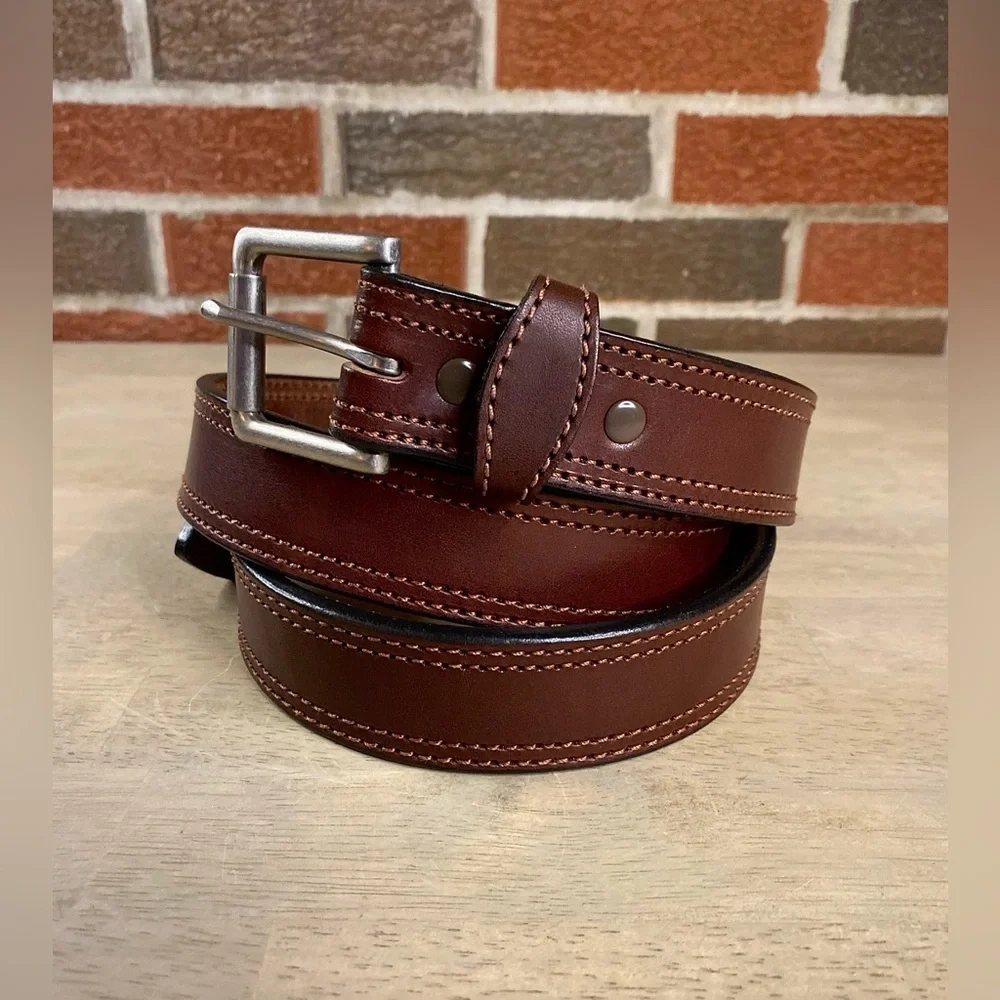 Amish Made Handcrafted Men's Stitched Brown Leather Belt Made in USA Retails $89